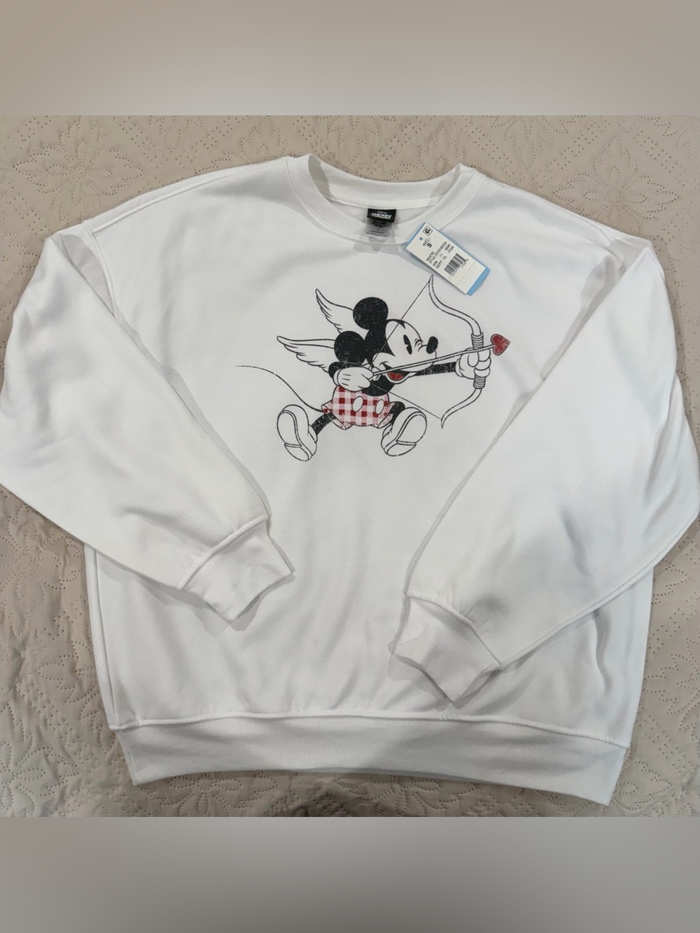 Disney Mickey Mouse Cupid Valentine Crewneck Sweatshirt White S NWT Flawed